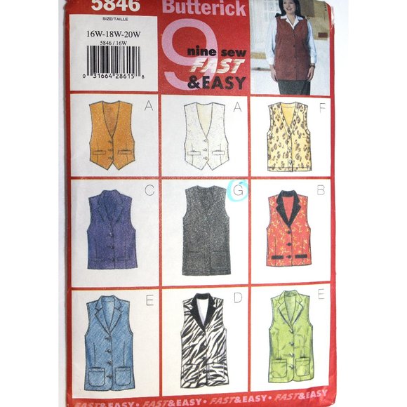 Butterick Other - Final Price! Ends Soon! Uncut BUTTERICK 5846 sewing pattern vests